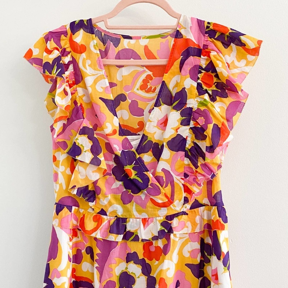J.Crew Ruffle Tiered Midi Spring Dress Ratti Print Yellow - Picture 3 of 6